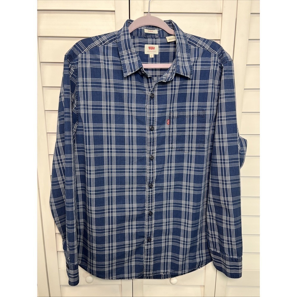 Levi's Slim Fit Plaid Long Sleeve Button Down Shirt Men's Size XL Blue & White